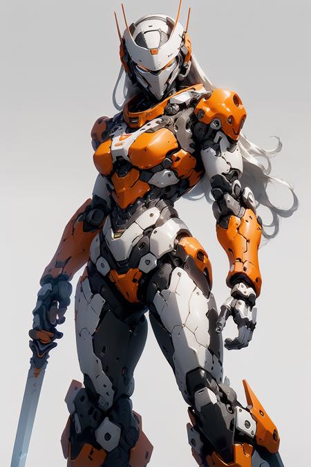 00912-3130317221-masterpiece, High quality, Beautiful wallpaper, Mech warrior, (((A silver girl with long hair wearing an orange mech suit))), so.png